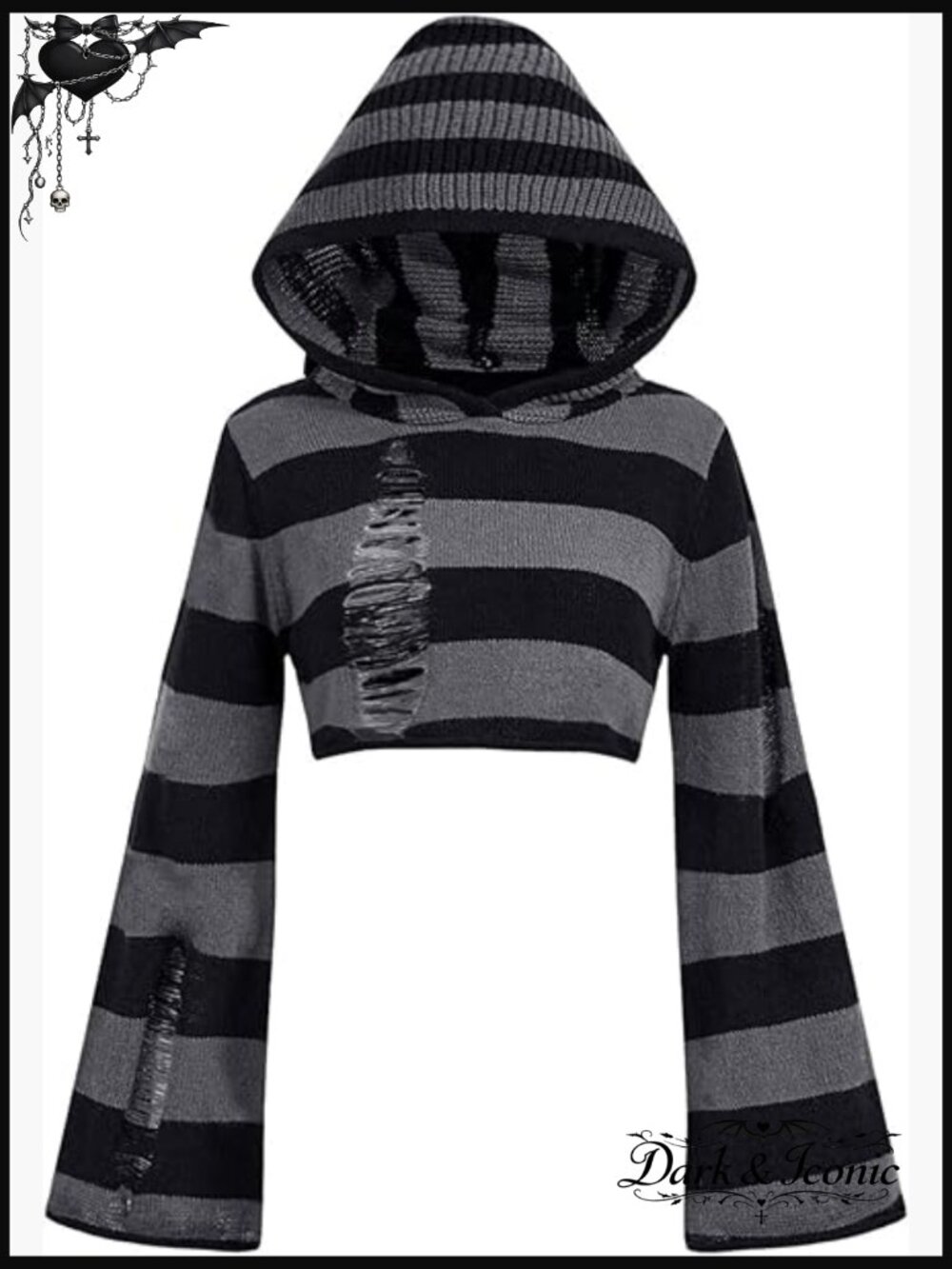 Striped Hooded Sweater Crop Top Ripped Bell Sleeve Pullover Knit